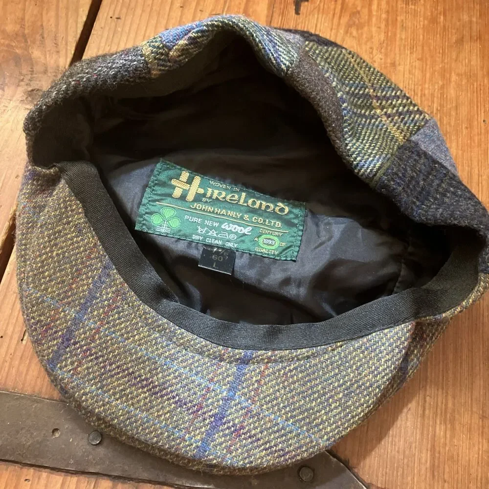 John Hanly Ireland Patchwork Newsboy Flat Cap Herringbone Mens 7 3/8 60 CM Wool